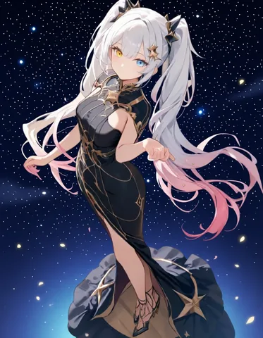 星空の下に立つ全身（背景違い）。