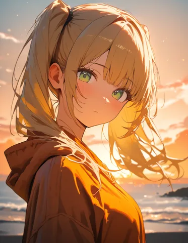 画風・色合いの参照画像。夕焼けの海辺で撮ったような色合いです。