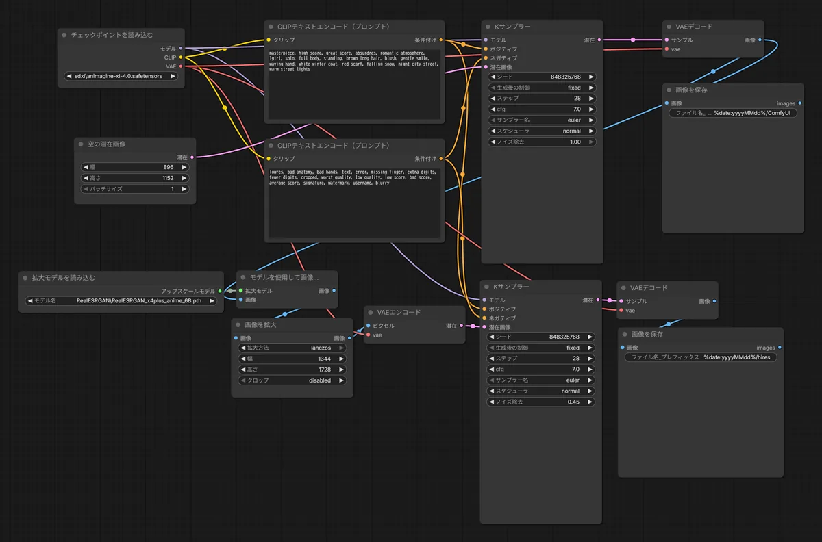 animagine-xl_hires-fix.json のワークフロー画面