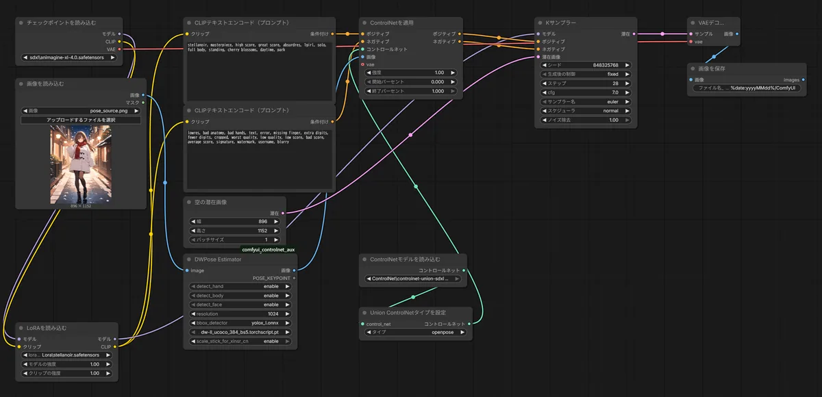 controlnet-dwpose_charlora.json のワークフロー画面
