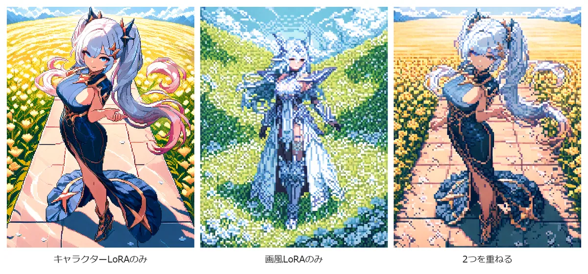 9-3 キャラクターLoRAと画風LoRAを重ねた結果　／　1380×643px